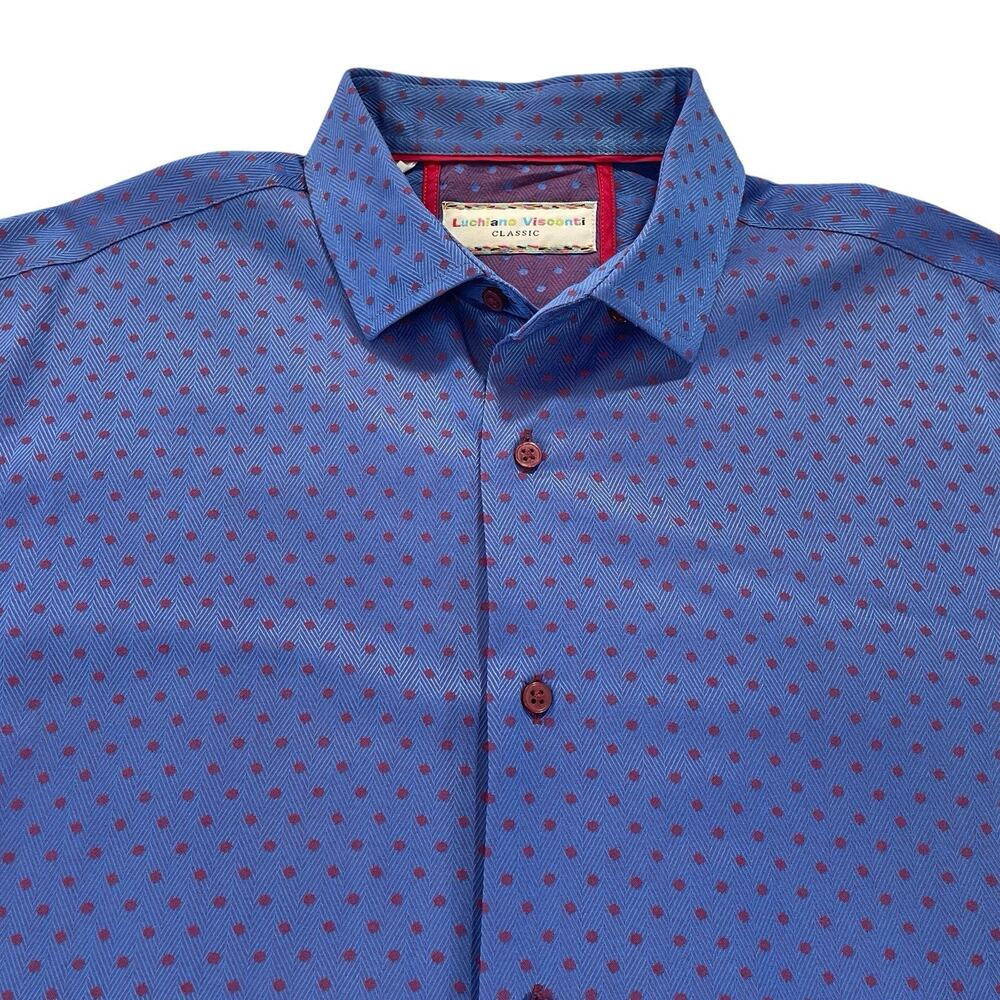Luchiano Visconti Button Up Shirt Men's M Blue Pink Polka Dots Herringbone Weave